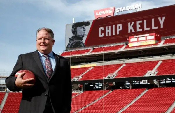 Chip Kelly, the new head coach for the San Francisco 49ers, poses at Levi's Stadium in Santa Clara, Calif., after being introduced during a Wednesday morning press conference, Jan. 20, 2016. (Karl Mondon/Bay Area News Group)