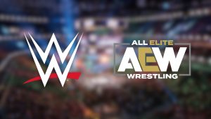 WWE and AEW logos with an arena in the background